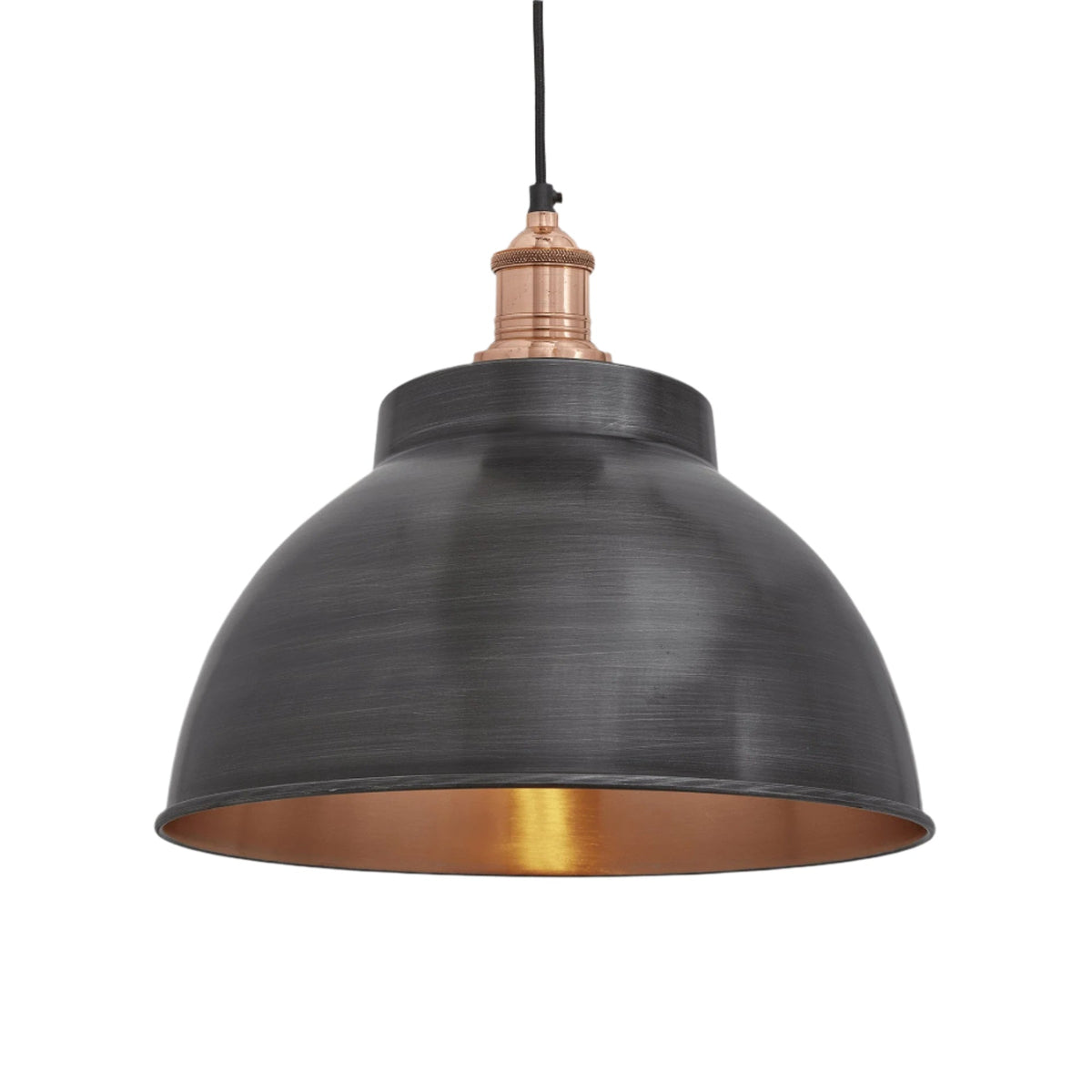 Brooklyn Dome pendant in pewter and copper with copper holder on a white background