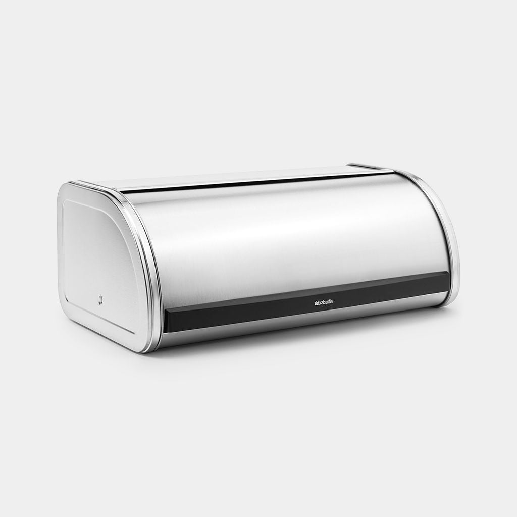 Brabantia Roll Top Bread Bin at an angle with lid partly open