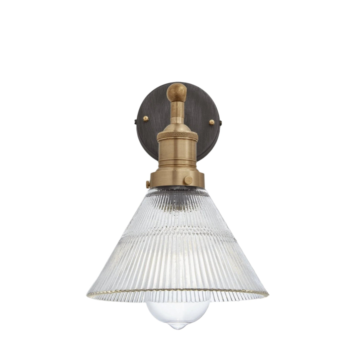 Brooklyn glass funnel wall light with brass holder on a white background