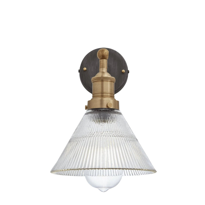 Brooklyn glass funnel wall light with brass holder on a white background