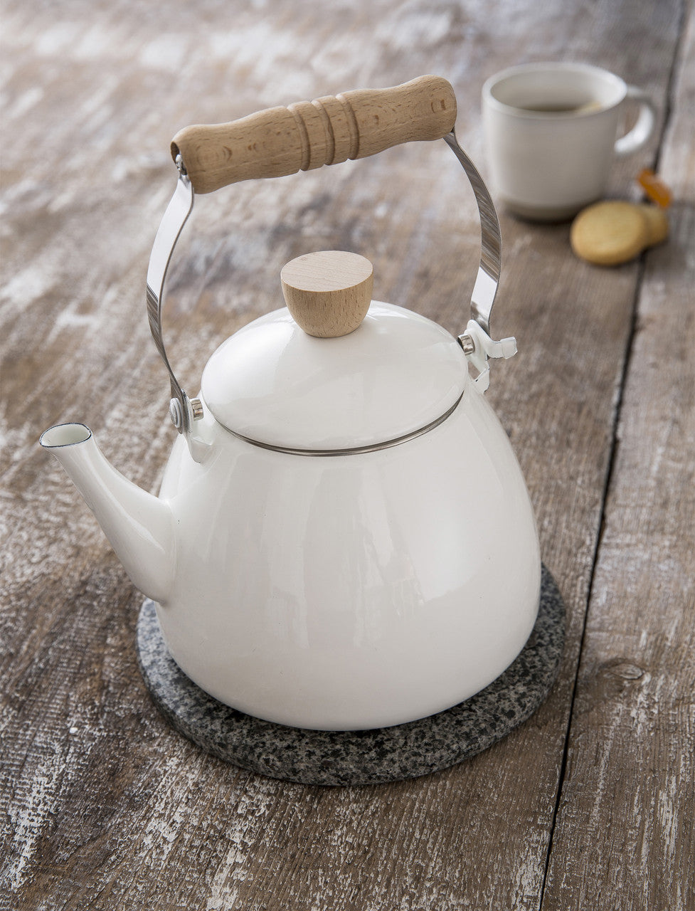 Close-up of the kettle spout and enamel finish