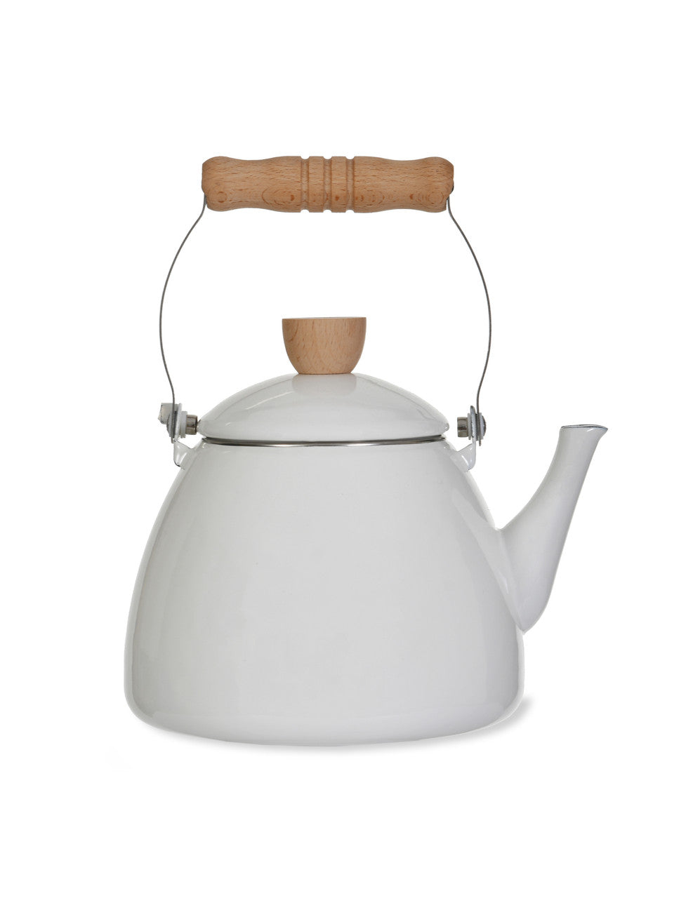 Enamel stove kettle beside cups on a kitchen counter