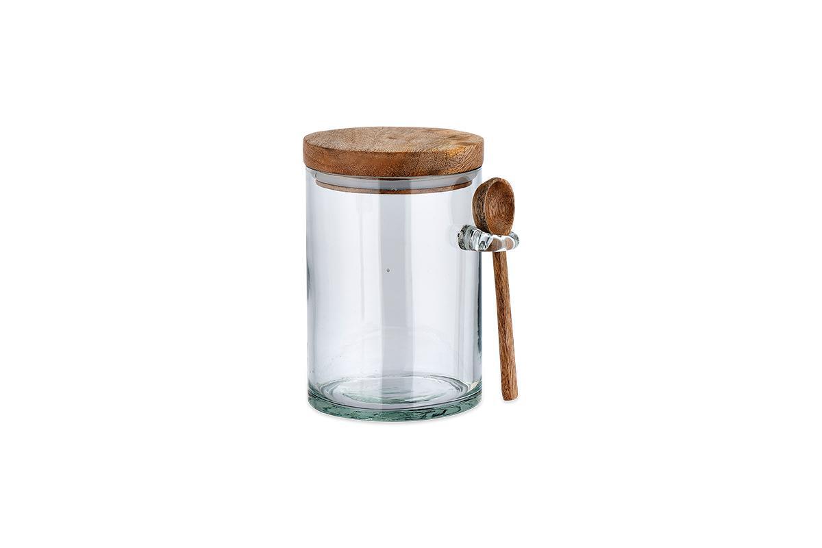 Kossi jar filled with dry goods on a kitchen shelf