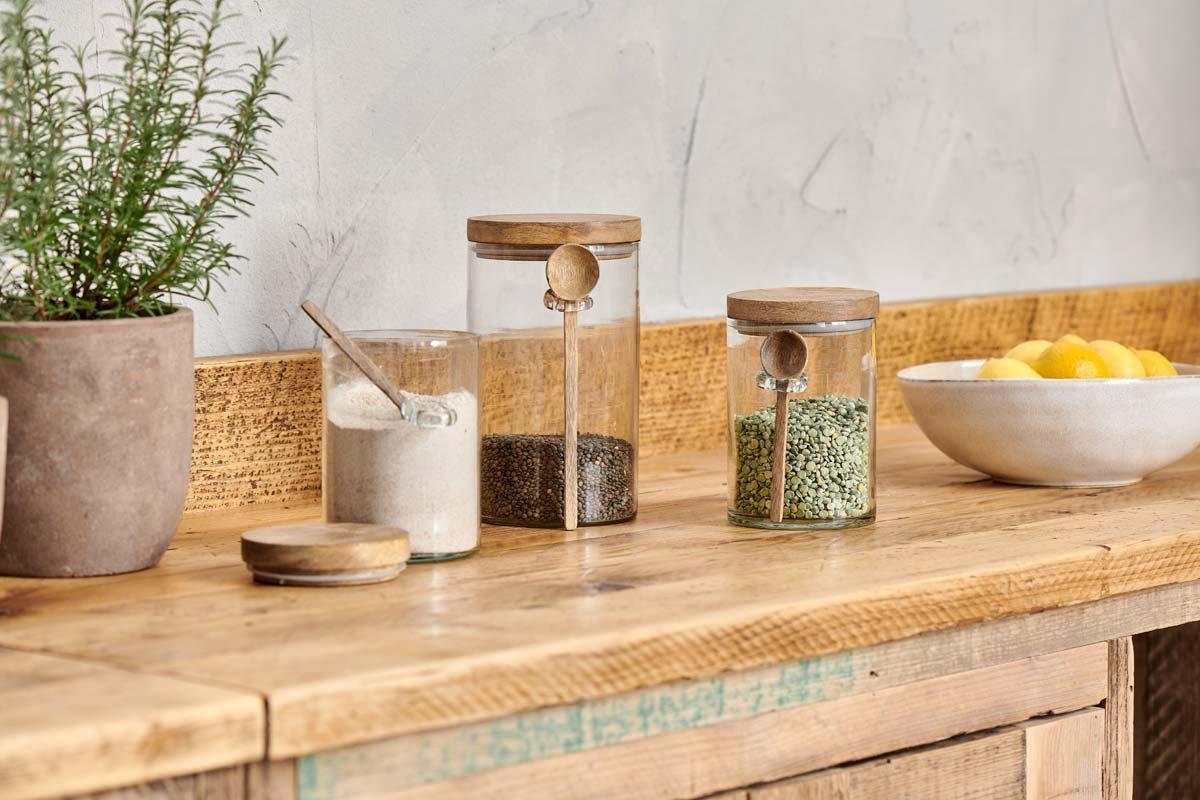 Nkuku Kossi recycled glass storage jar with mango wood lid