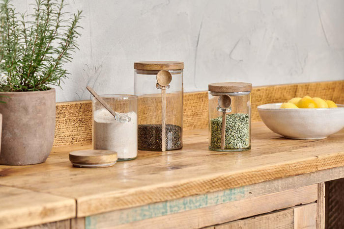 Nkuku Kossi recycled glass storage jar with mango wood lid