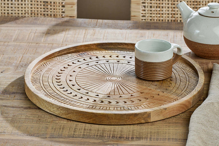 Nkuku Namuna Mango Wood Tray – Large Hand-Etched Serving Tray