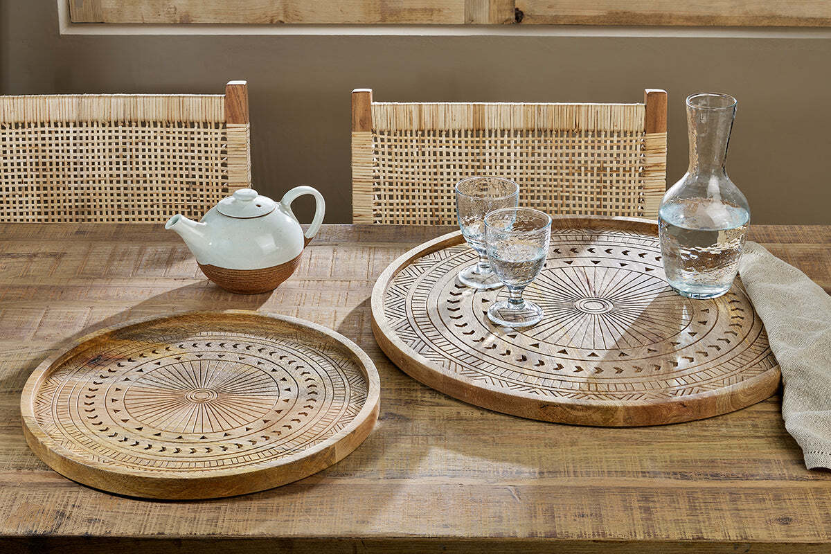 Nkuku Namuna large mango wood tray with etched pattern
