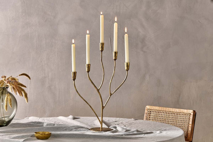 Nkuku Palani large five-candle candelabra in antique brass