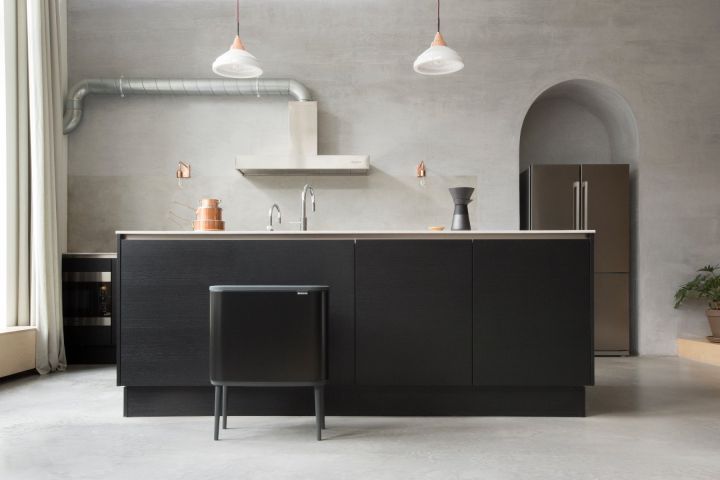 Bo Touch Bin in matt black styled in a kitchen interior