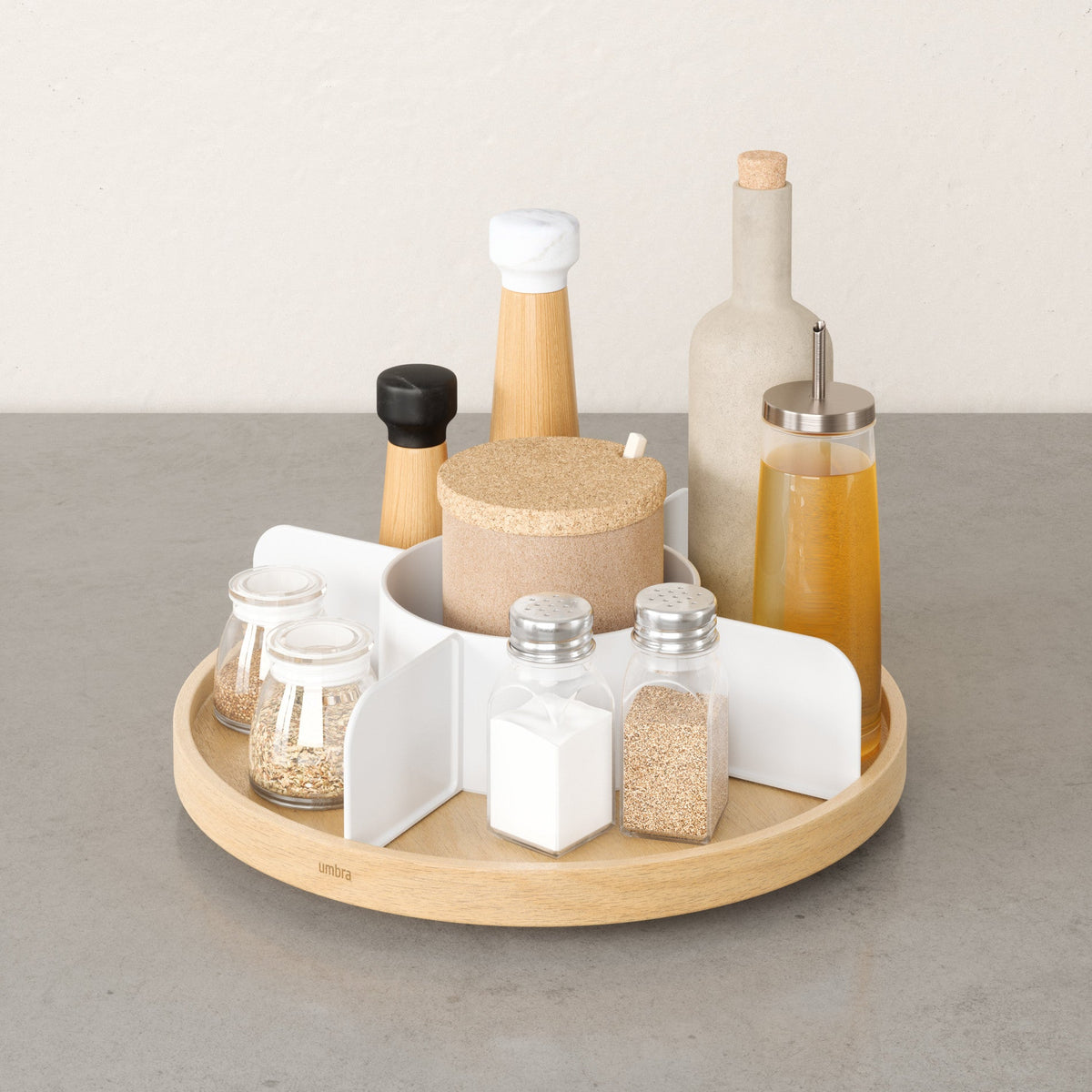 Bellwood lazy susan with dividers, mills and oil bottle