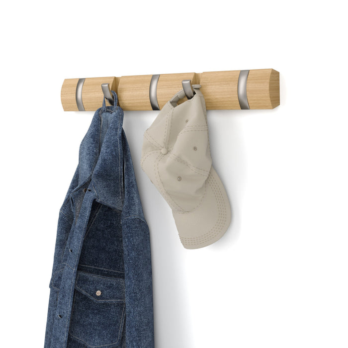 Umbra Flip 5 wall hook rail in natural wood with nickel hooks
