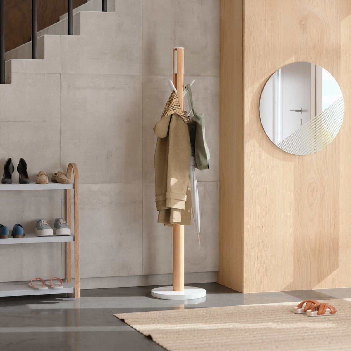 Flapper coat rack holding coats and bags