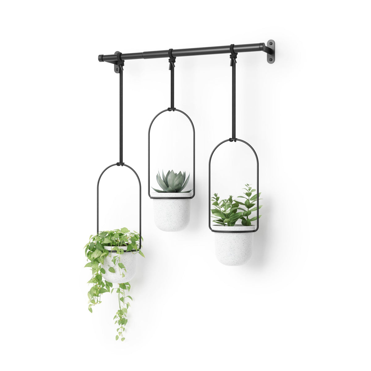 Umbra Triflora set of three hanging planters on a metal rod